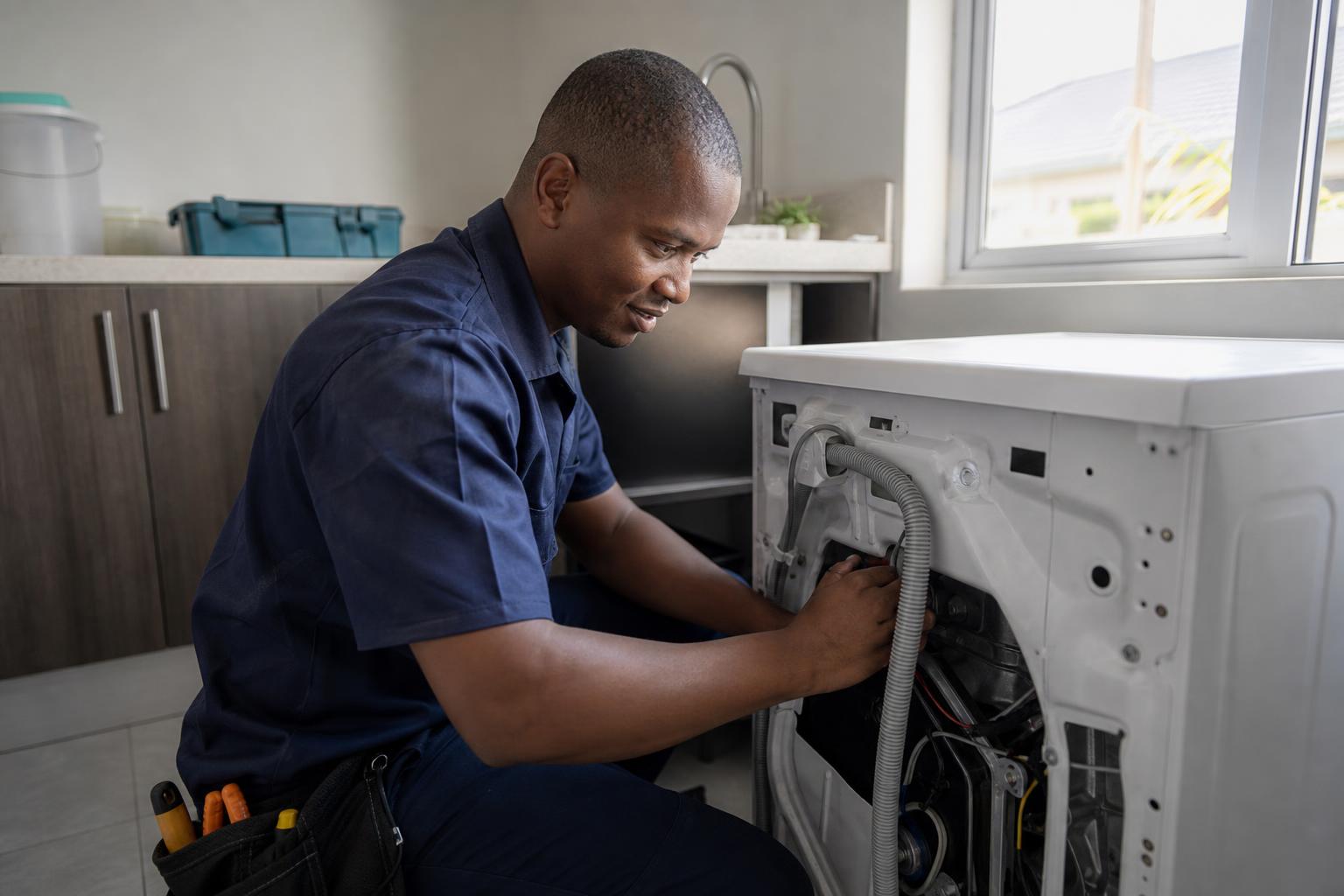 South African appliance technician repairing a washing machine